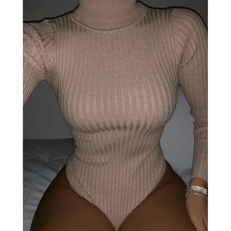 Ribbed Knitted Turtleneck Bodysuit: Long Sleeve Women's Winter Clothing