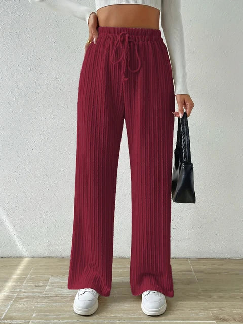 New Tie Waist Texture Knitted Wide Leg Pants