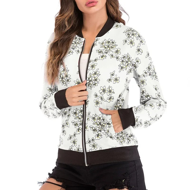 Wuhaobo Retro Floral Print Zip-Up Bomber Jacket for Women