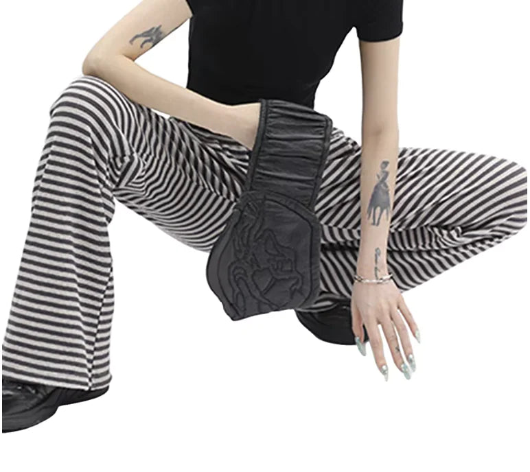 Women's Striped Knit Drawstring Pants - Low Rise, Wide Leg Lounge Trousers