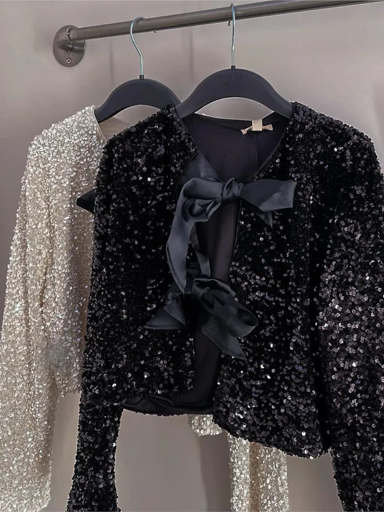 Chic Short Sequin Jacket With Bow