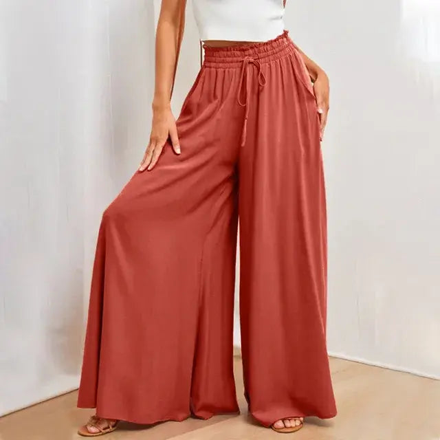 Women's Pants Solid Color Elastic High Waist Wide Leg Trousers