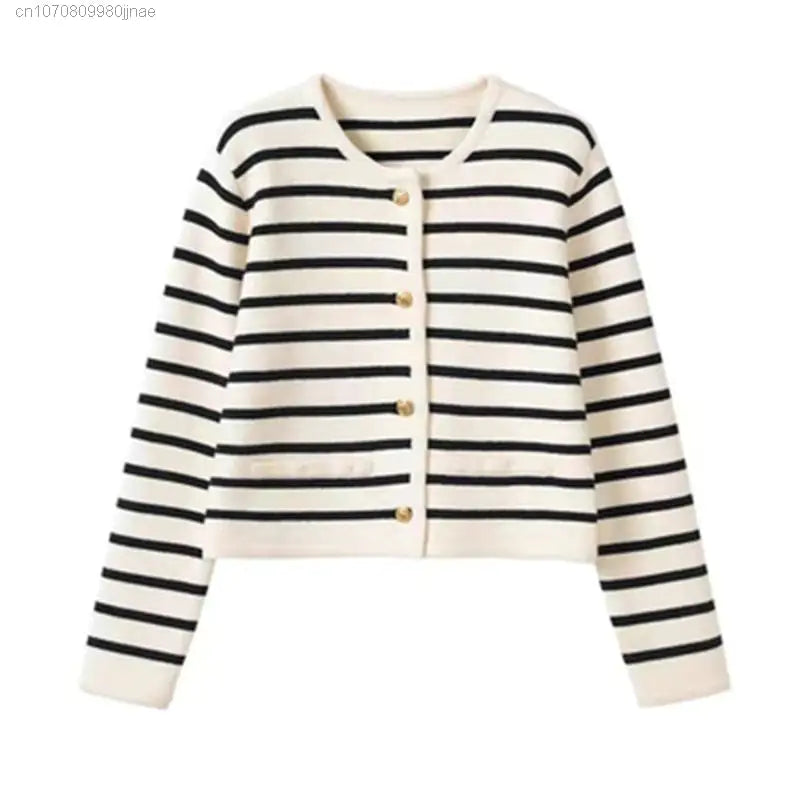 Women Stripe Knitted Cardigans Spring Autumn O-neck