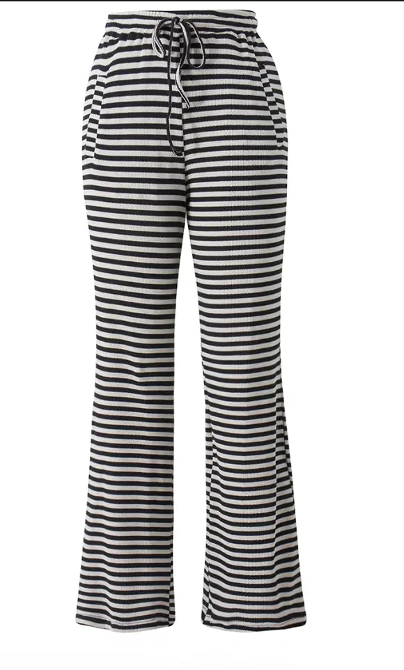 Women's Striped Knit Drawstring Pants - Low Rise, Wide Leg Lounge Trousers