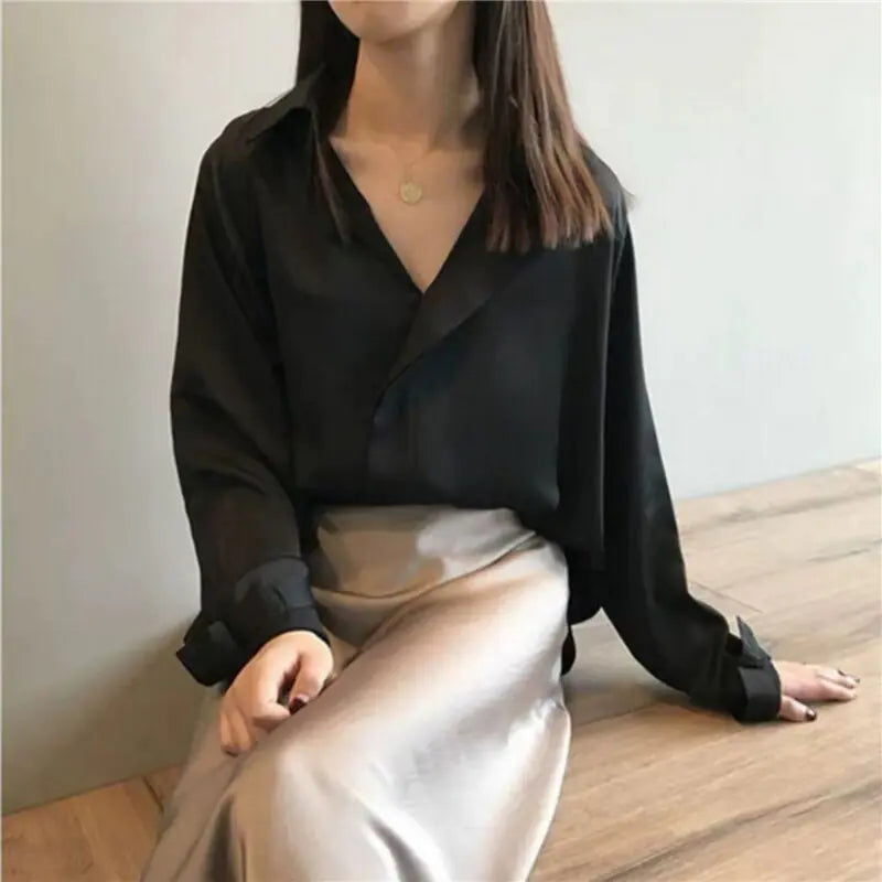 Elegant classic silk-style button-front blouse