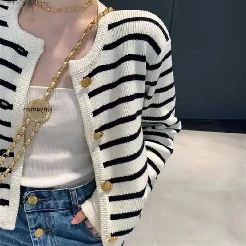 Women Stripe Knitted Cardigans Spring Autumn O-neck