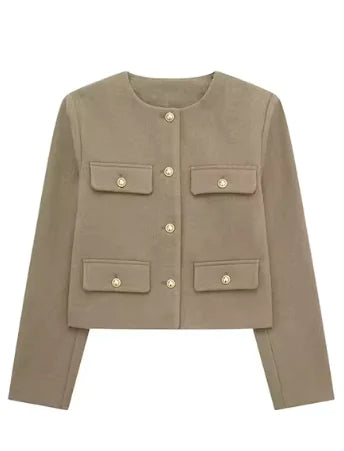 Women's Long Sleeve Round Neck Tweed Jacket