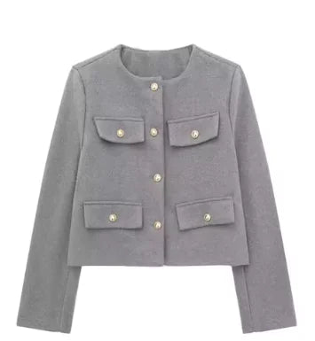 Women's Long Sleeve Round Neck Tweed Jacket