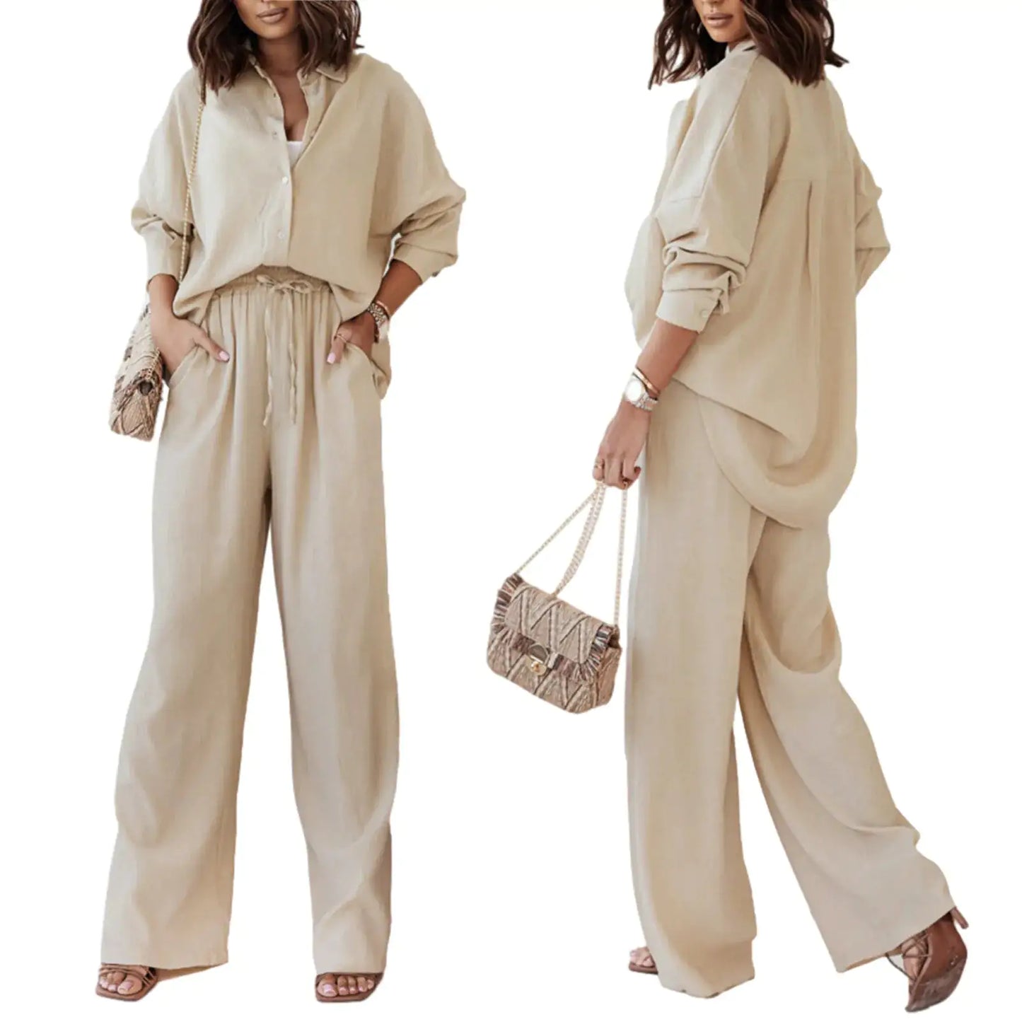 Solid 2-Piece Set: Blouse and Pants