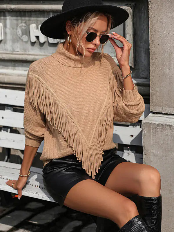 Women's Loose Fringed Knit Turtleneck Sweater